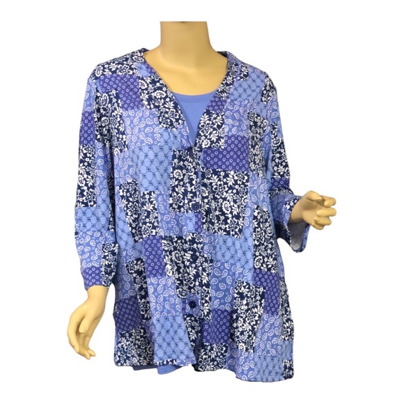 Comfort Code 3/4 Sleeve Cardigan & Matching Tank Set in Blue Patchwork. NWT! - Picture 2 of 4